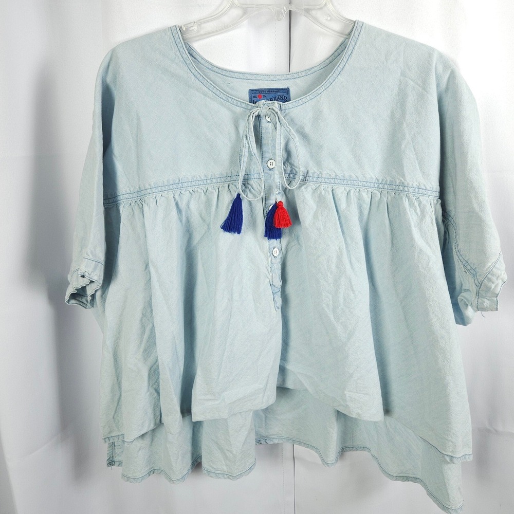 Lucky Brand Women's Large Blue‎ Shredded Chambray Crop Top Hemp Blend